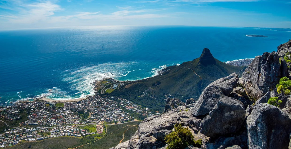 View from Table Mountain over Lion's Head and Camps Bay toward the Atlantic