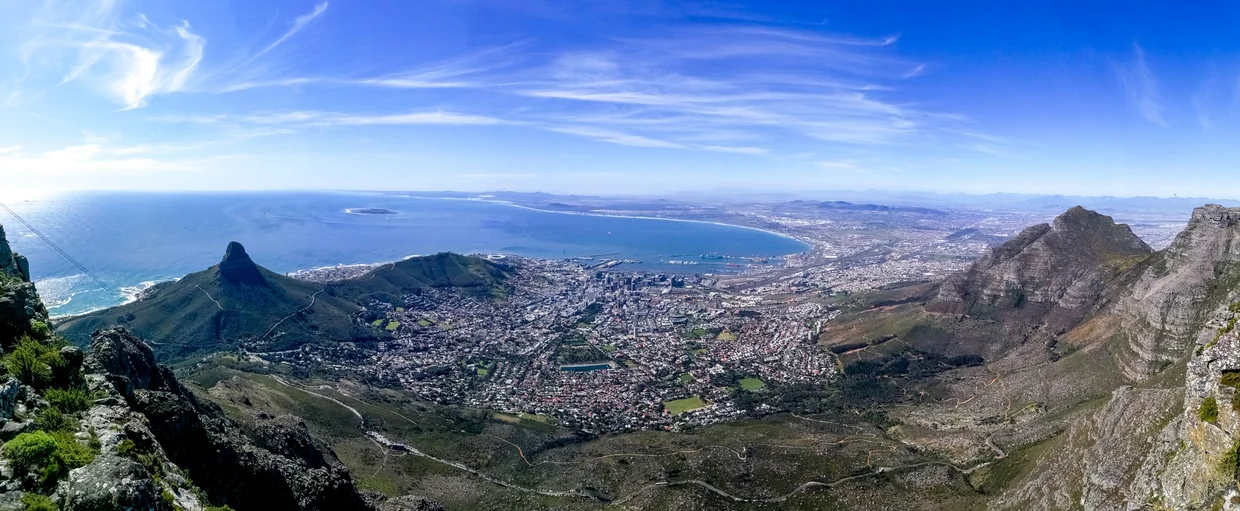 Panoramic view of Cape Town from Table Mountain, with Lion's Head and the Atlantic coast