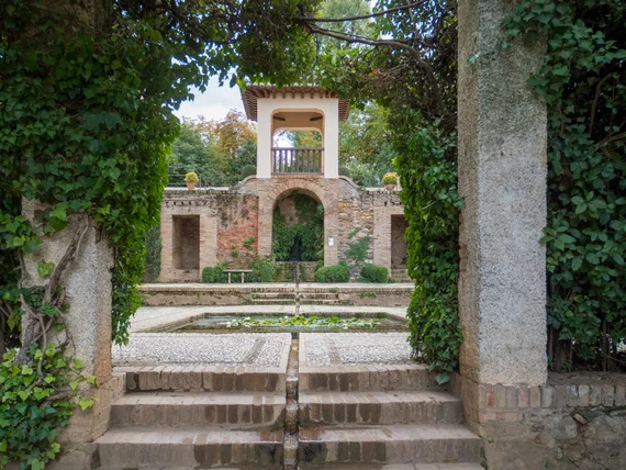 Garden pavilion framed through vine-covered columns