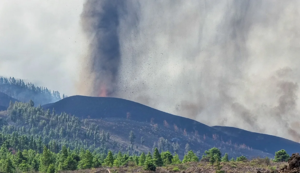 Active eruption with smoke, ash, and visible lava glow amid pine trees