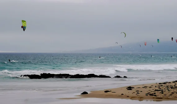 Kitesurfers off Tarifa, where the wind never takes a day off