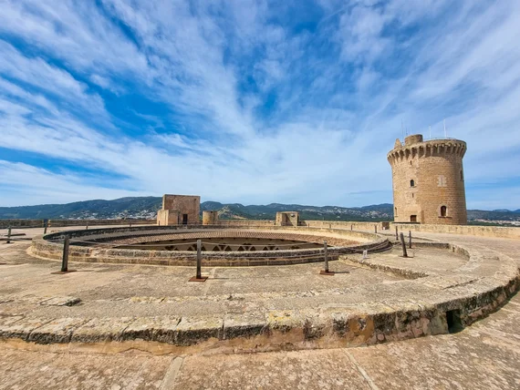 Castle rooftop panorama with the Tramuntana mountains behind