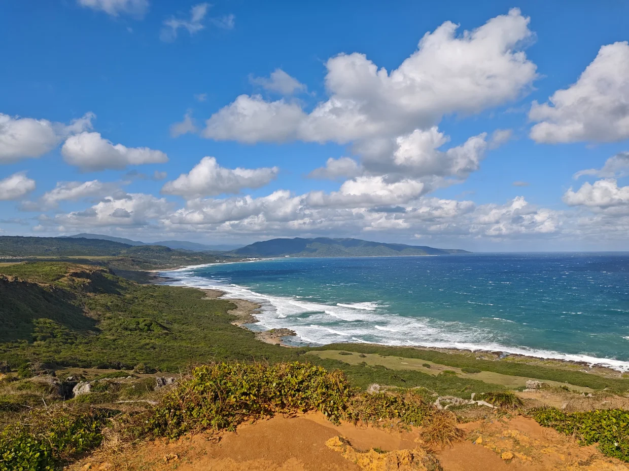 Longpan Park's grass bluffs sweeping down to the Pacific
