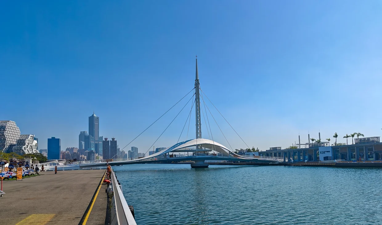 The white pedestrian bridge and the skyline behind it