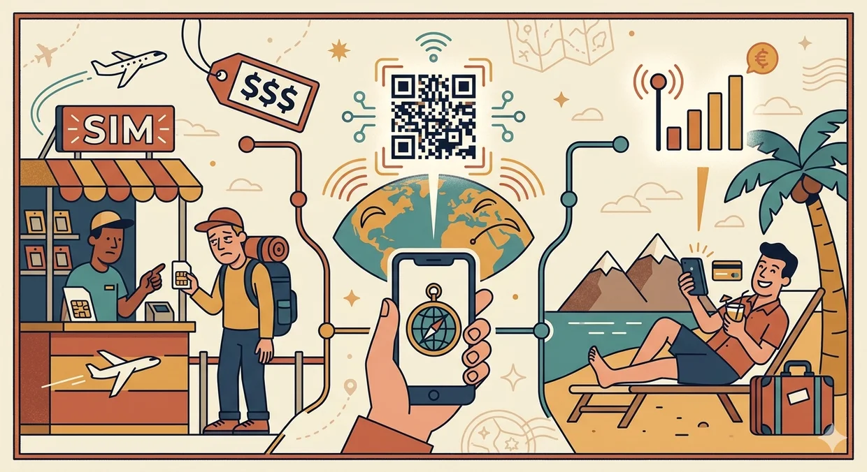 Three ways to get mobile data abroad: SIM card shop, eSIM via QR code, and chilling on the beach with roaming