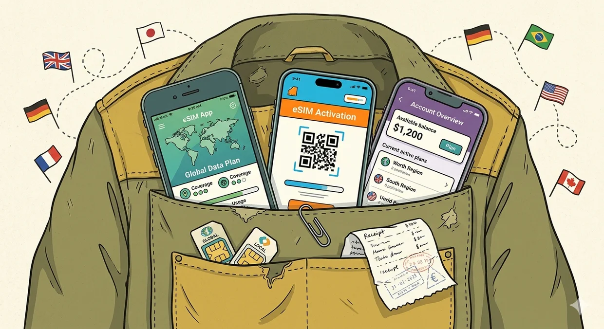 Jacket pocket stuffed with multiple phones running different eSIM apps, loose SIM cards, and a receipt, country flags floating around it