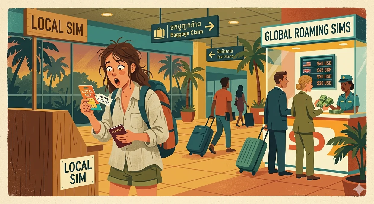 Traveler at a Southeast Asian airport, shocked by how cheap the local SIM card is, expensive roaming kiosk in the background