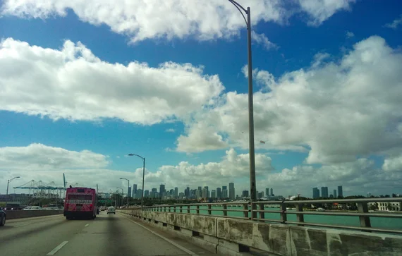 Driving the MacArthur Causeway toward downtown Miami