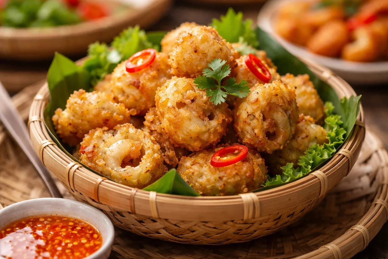 Grilled Cha Muc squid with fresh herbs and dipping sauce, Hạ Long Bay, Vietnam