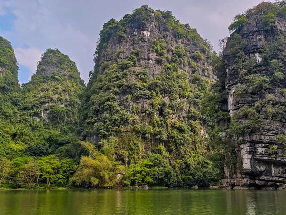 Close-up of a steep limestone cliff covered in greenery in Trang An